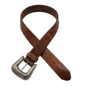 Vtg. Brighton Brown Leather Western Belt Silver Ornate Scroll Buckle USA S 42906